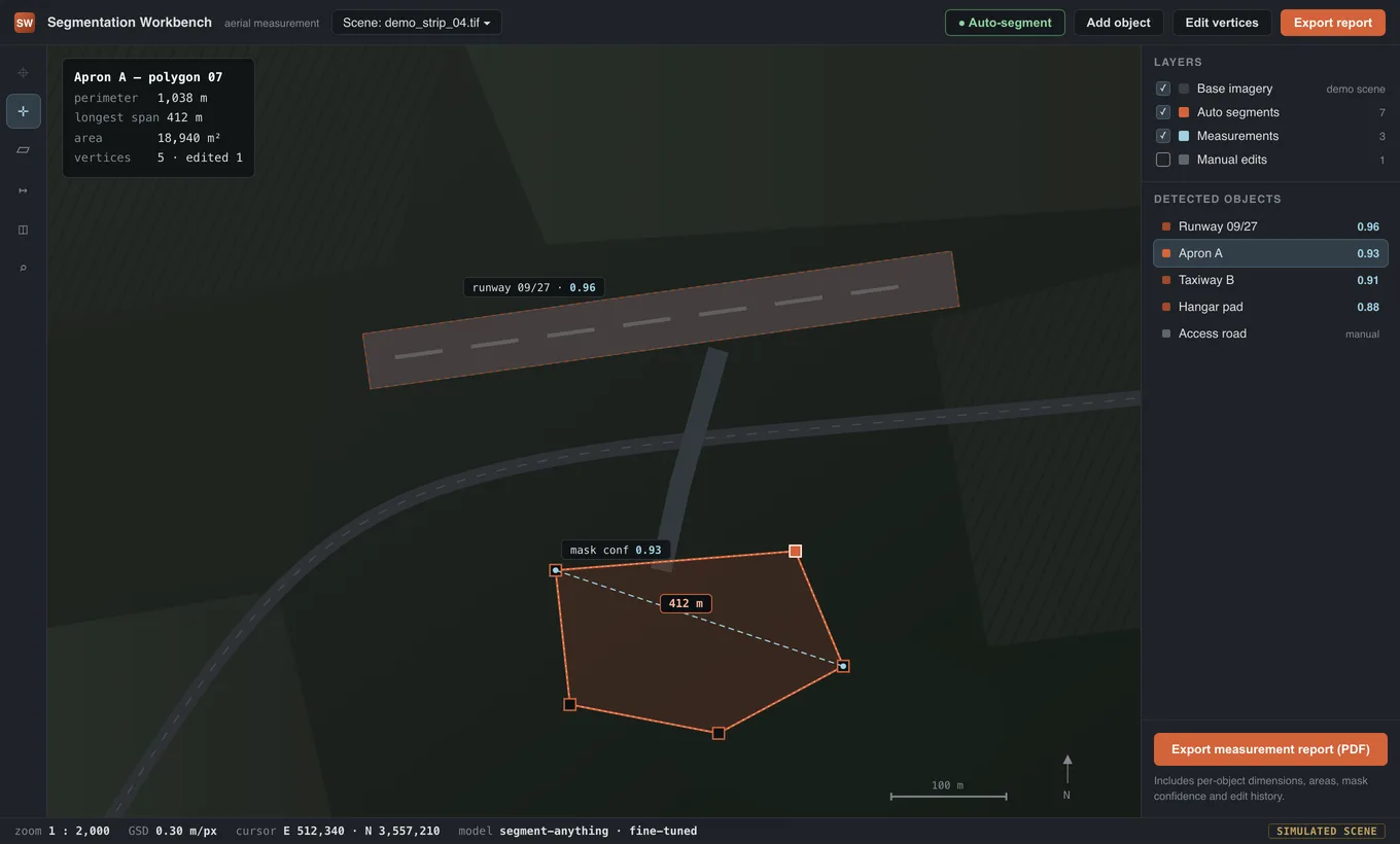 Illustrative interface excerpt: an aerial segmentation workbench with one measured polygon held sharp, the rest dissolved, simulated data